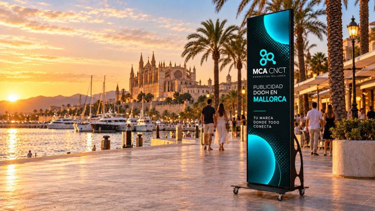 Pantalla digital NOVA T6 de MCA CNCT en el paseo marítimo de Mallorca al atardecer