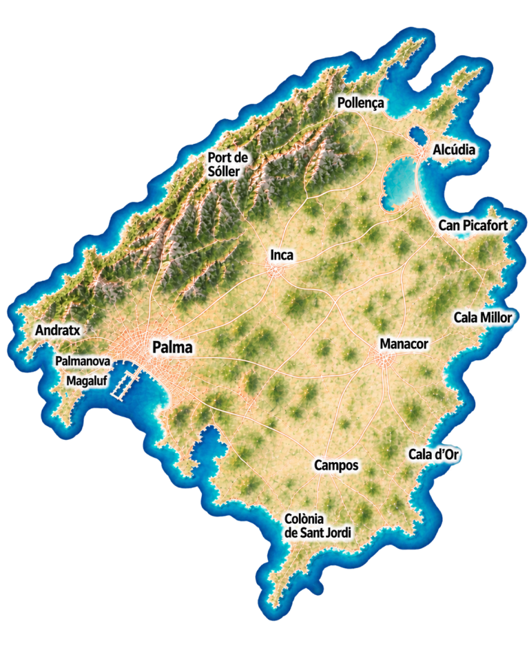 Mapa de Mallorca con los pueblos de referencia y las zonas de la red MCA CNCT