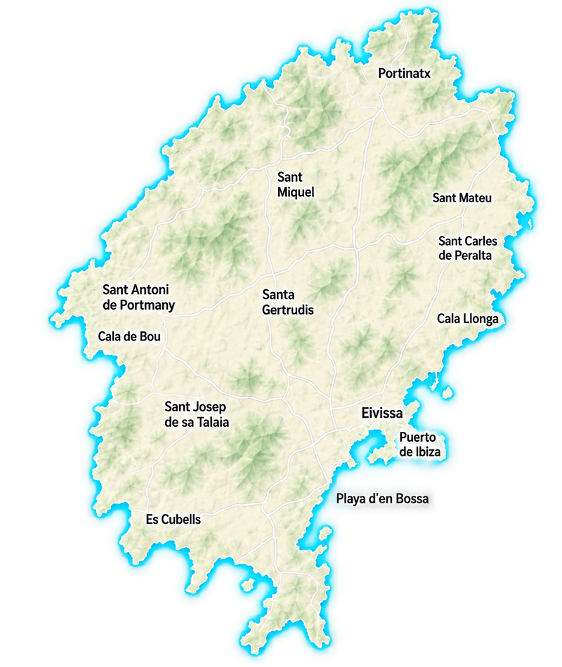 Mapa de Mallorca con los pueblos de referencia y las zonas de la red MCA CNCT